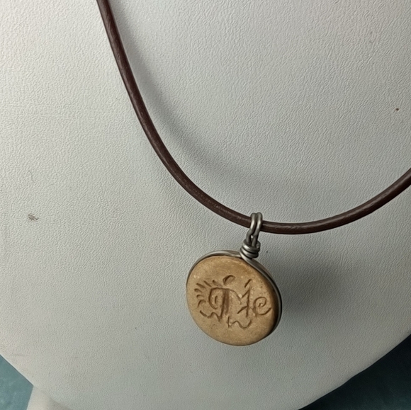 👍 5 for $20 Simple Carved Stone Round Pendant Necklace on Brown Adjustable Cord - Picture 2 of 5